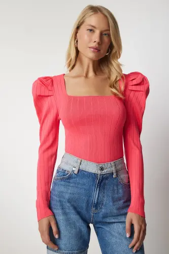 Women Pink Square Neck Ribbed Knitwear Blouse YY00159-Pink - HAPPINESS İSTANBUL (1)