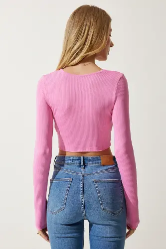 Women Pink U Neck Ribbed Crop Knitwear Blouse PF00068-Pink - 6