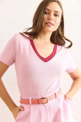 Women Pink V Neck Soft Touch Blouse BLZ-1900302 - 1