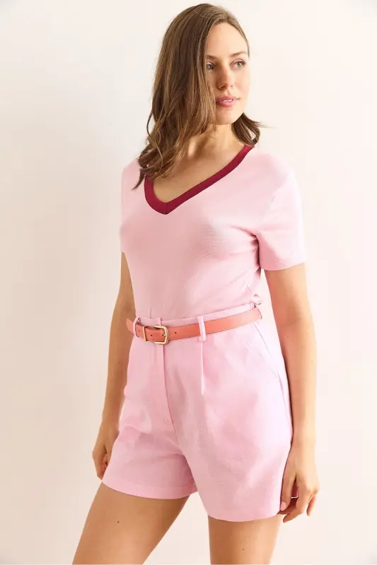 Women Pink V Neck Soft Touch Blouse BLZ-1900302 - 3