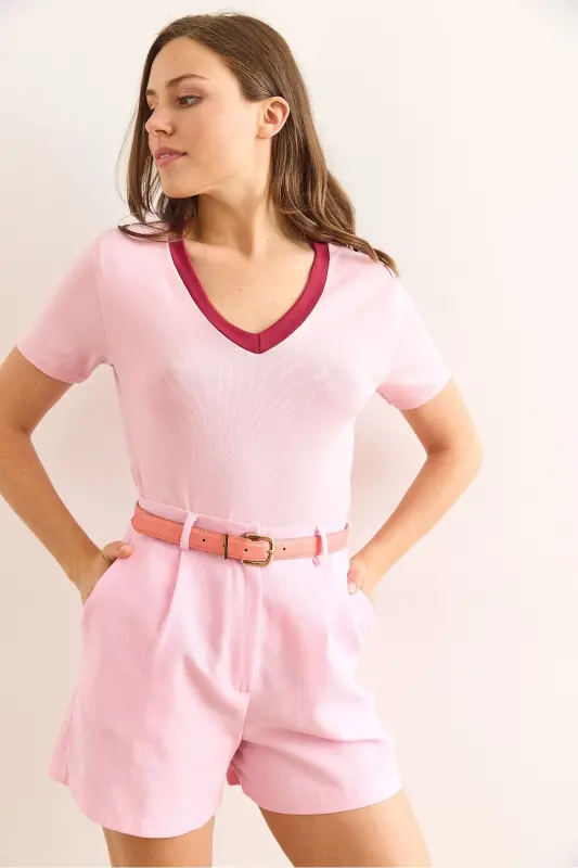 Women Pink V Neck Soft Touch Blouse BLZ-1900302 - 4