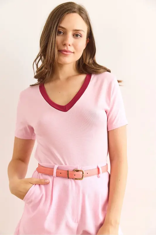 Women Pink V Neck Soft Touch Blouse BLZ-1900302 - 5