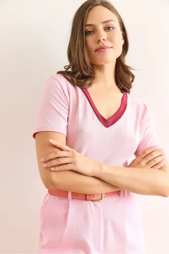 Women Pink V Neck Soft Touch Blouse BLZ-1900302 - 6