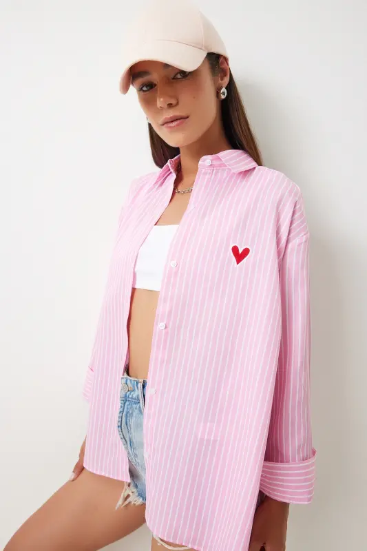 Women Pink White Heart Embroidered Striped Oversize Poplin Shirt DX00016 - 1