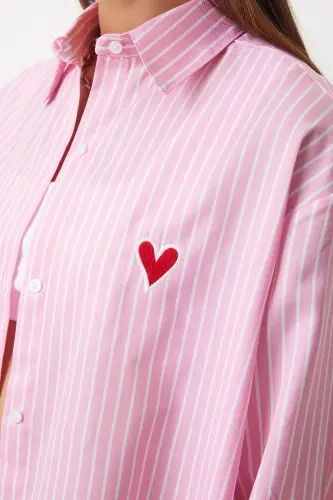 Women Pink White Heart Embroidered Striped Oversize Poplin Shirt DX00016 - 5