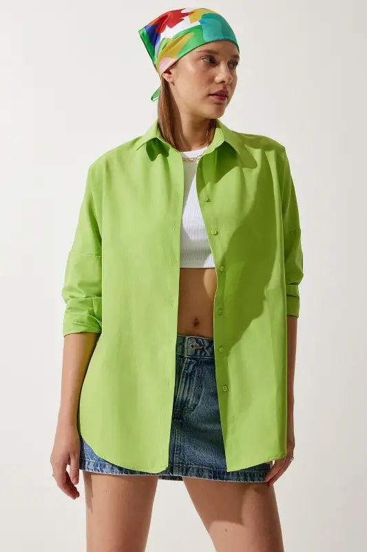 Women Pistachio Green Oversize Long Basic Shirt DD00842-Pistachio Green - 2