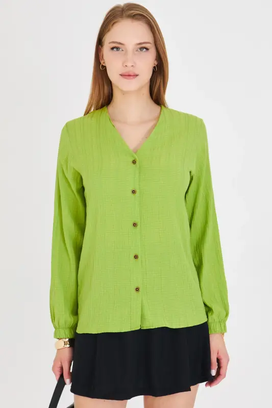 Women Pistachio Green Shirred Shirt with Elasticated Sleeves ARM-24K001002-Pistachio Green - 2