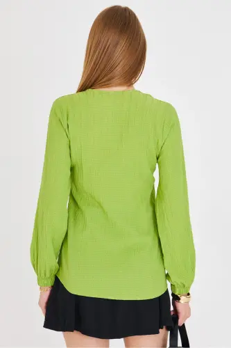 Women Pistachio Green Shirred Shirt with Elasticated Sleeves ARM-24K001002-Pistachio Green - 5