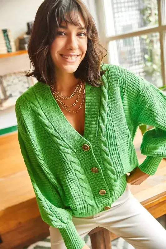 Women Pistachio Green Thick Braided Knit Cardigan HRK-19000082-Pistachio Green - OLALOOK