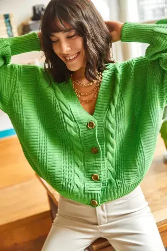 Women Pistachio Green Thick Braided Knit Cardigan HRK-19000082-Pistachio Green - OLALOOK (1)