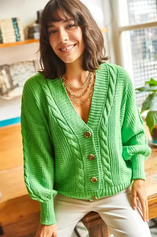 Women Pistachio Green Thick Braided Knit Cardigan HRK-19000082-Pistachio Green - 3