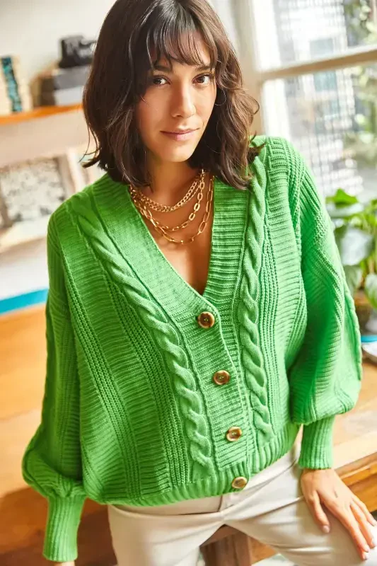 Women Pistachio Green Thick Braided Knit Cardigan HRK-19000082-Pistachio Green - 4