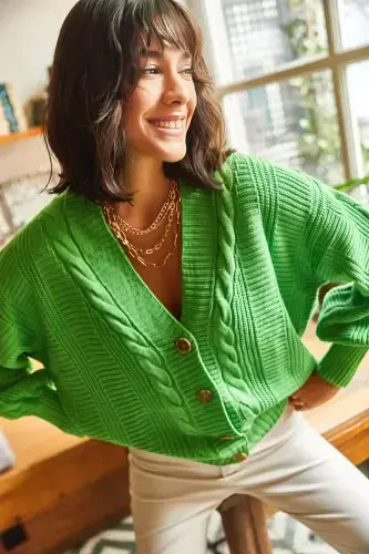 Women Pistachio Green Thick Braided Knit Cardigan HRK-19000082-Pistachio Green - 5