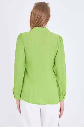 Women Pistachio Green V Neck Balloon Sleeve Crinkle Blouse ARM-25K001088-Pistachio Green - 13