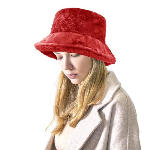 Women Plush Fluffy Bucket Hat Warm Lining Winter Faux Fur Cozy Wide Brim Winter - 2