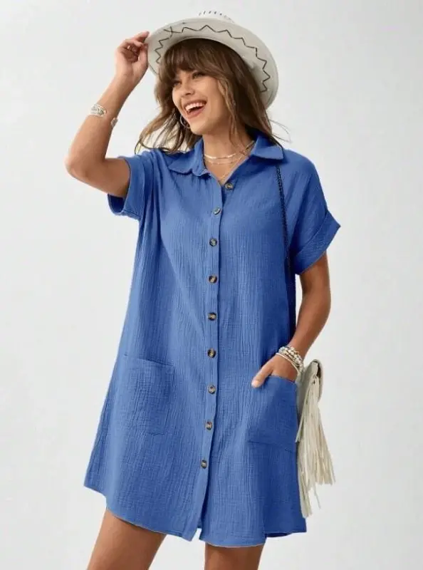 Women Pocket Detail Muslin Fabric Mini Shirt Dress - BÜYÜKBEDENIZ