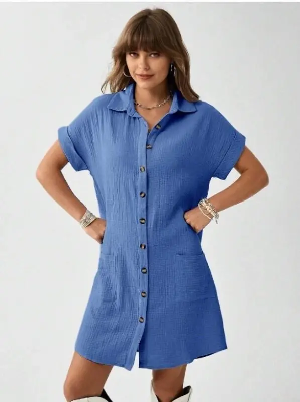 Women Pocket Detail Muslin Fabric Mini Shirt Dress - 2