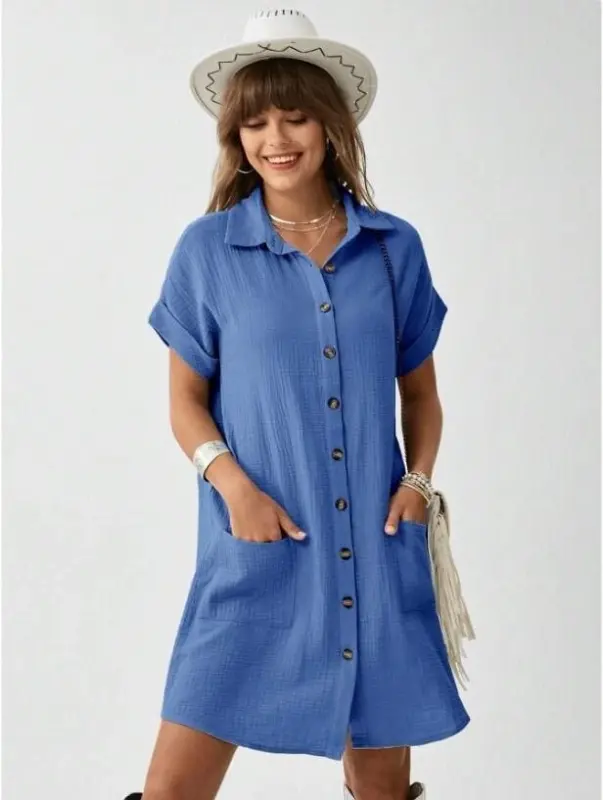 Women Pocket Detail Muslin Fabric Mini Shirt Dress - 3