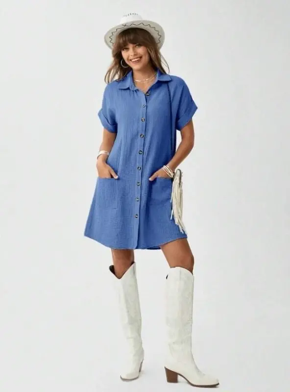 Women Pocket Detail Muslin Fabric Mini Shirt Dress - 5