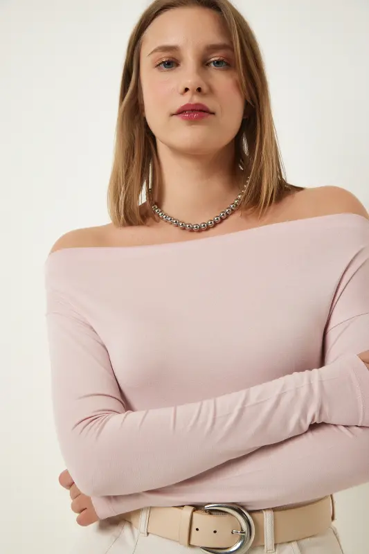 Women Powder Boat Neck Knitted Blouse RX00046-Powder - 2