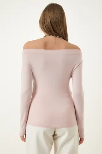 Women Powder Boat Neck Knitted Blouse RX00046-Powder - 6