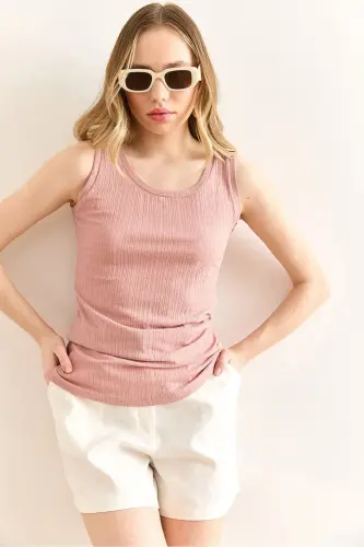 Women's Powder U-Neck Ribbed Textured Blouse BLZ-1900300 