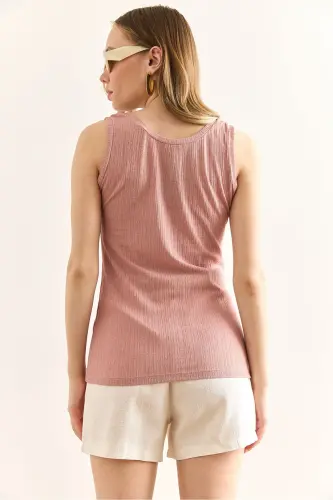 Women's Powder U-Neck Ribbed Textured Blouse BLZ-1900300 - OLALOOK (1)