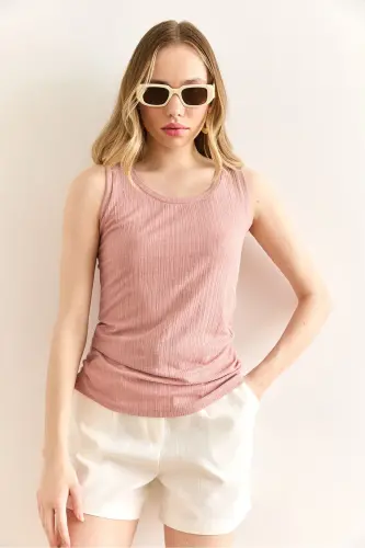 Women's Powder U-Neck Ribbed Textured Blouse BLZ-1900300 - 3