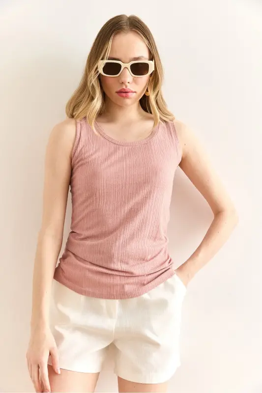 Women's Powder U-Neck Ribbed Textured Blouse BLZ-1900300 - 3