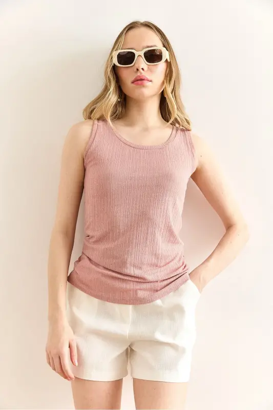 Women's Powder U-Neck Ribbed Textured Blouse BLZ-1900300 - 4