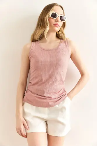 Women's Powder U-Neck Ribbed Textured Blouse BLZ-1900300 - 5