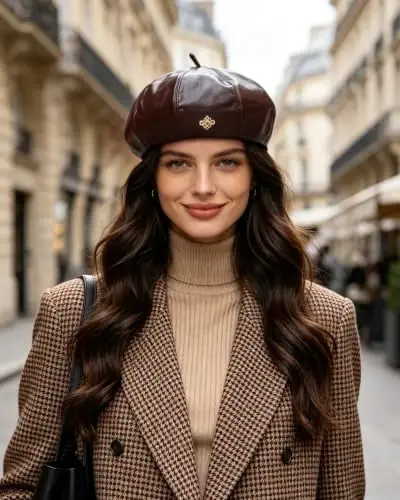 Women PU Leather Beret Vintage Solid Color French Painter Cap | smooth glossy PU material,adjustable inner strap,soft lining,windproof warm,2 styles available for daily autumn winter outfit - Women (1)