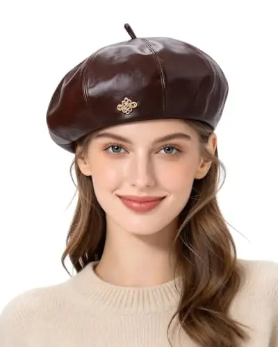Women PU Leather Beret Vintage Solid Color French Painter Cap | smooth glossy PU material,adjustable inner strap,soft lining,windproof warm,2 styles available for daily autumn winter outfit - 1