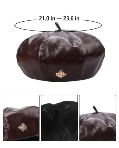 Women PU Leather Beret Vintage Solid Color French Painter Cap | smooth glossy PU material,adjustable inner strap,soft lining,windproof warm,2 styles available for daily autumn winter outfit - 3