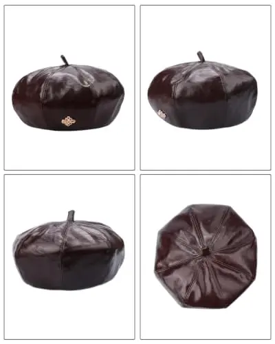 Women PU Leather Beret Vintage Solid Color French Painter Cap | smooth glossy PU material,adjustable inner strap,soft lining,windproof warm,2 styles available for daily autumn winter outfit - 4
