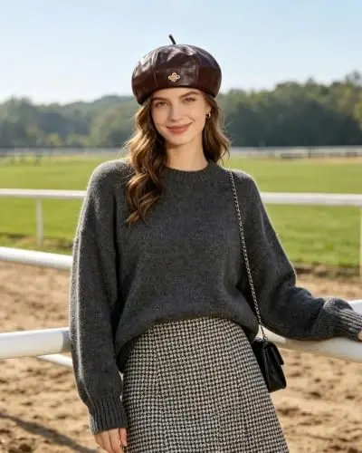 Women PU Leather Beret Vintage Solid Color French Painter Cap | smooth glossy PU material,adjustable inner strap,soft lining,windproof warm,2 styles available for daily autumn winter outfit - 5