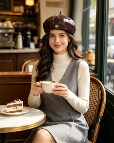 Women PU Leather Beret Vintage Solid Color French Painter Cap | smooth glossy PU material,adjustable inner strap,soft lining,windproof warm,2 styles available for daily autumn winter outfit - 6