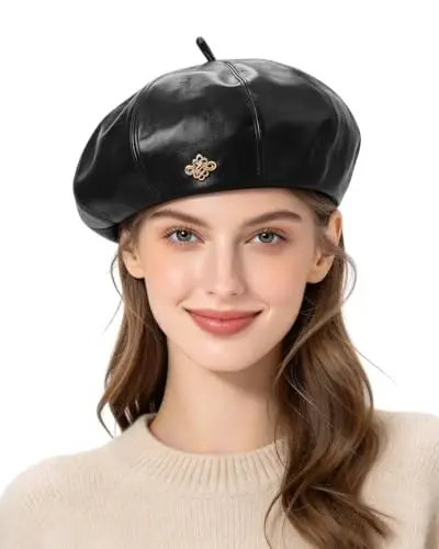 Women PU Leather Beret Vintage Solid Color French Painter Cap | smooth glossy PU material,adjustable inner strap,soft lining,windproof warm,2 styles available for daily autumn winter outfit - 1