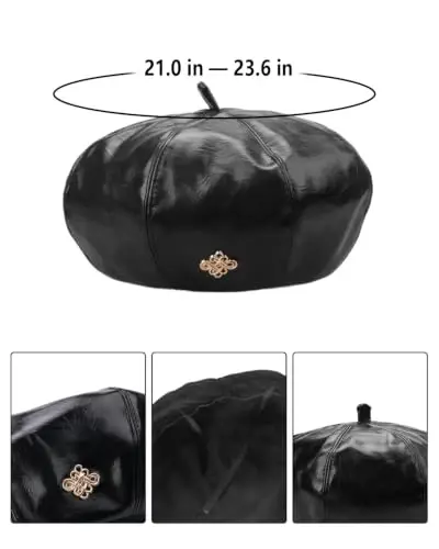Women PU Leather Beret Vintage Solid Color French Painter Cap | smooth glossy PU material,adjustable inner strap,soft lining,windproof warm,2 styles available for daily autumn winter outfit - 3