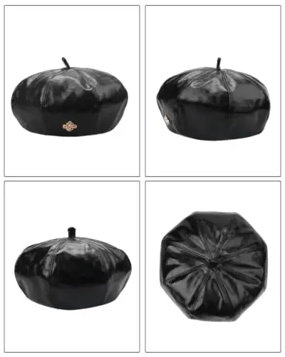 Women PU Leather Beret Vintage Solid Color French Painter Cap | smooth glossy PU material,adjustable inner strap,soft lining,windproof warm,2 styles available for daily autumn winter outfit - 4