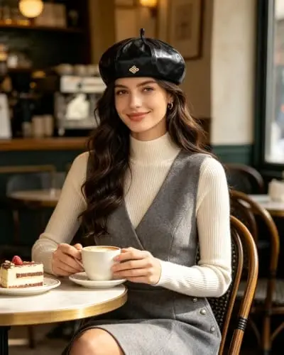 Women PU Leather Beret Vintage Solid Color French Painter Cap | smooth glossy PU material,adjustable inner strap,soft lining,windproof warm,2 styles available for daily autumn winter outfit - 6
