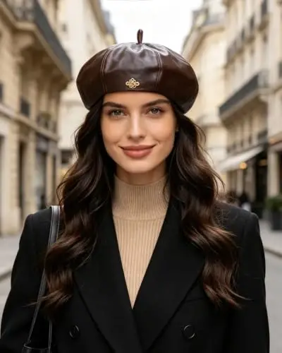 Women PU Leather Beret Vintage Solid Color French Painter Cap | smooth glossy PU material,adjustable inner strap,soft lining,windproof warm,2 styles available for daily autumn winter outfit - Women (1)