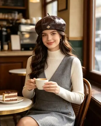 Women PU Leather Beret Vintage Solid Color French Painter Cap | smooth glossy PU material,adjustable inner strap,soft lining,windproof warm,2 styles available for daily autumn winter outfit - 4