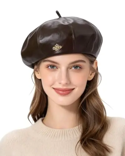 Women PU Leather Beret Vintage Solid Color French Painter Cap | smooth glossy PU material,adjustable inner strap,soft lining,windproof warm,2 styles available for daily autumn winter outfit - 5