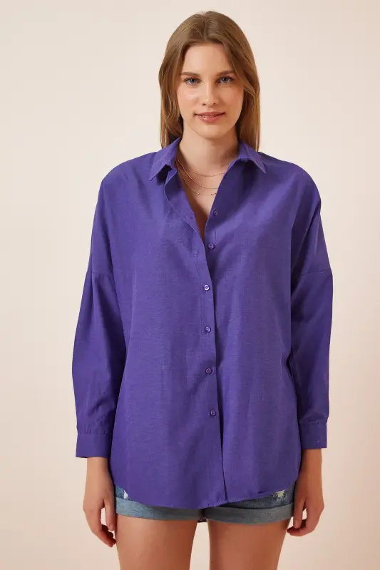 Women Purple Oversize Long Basic Shirt DD00842-Purple - 3