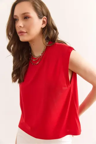 Women Red Sleeveless Crop Oversize Top Blouse Blz-190 - 1