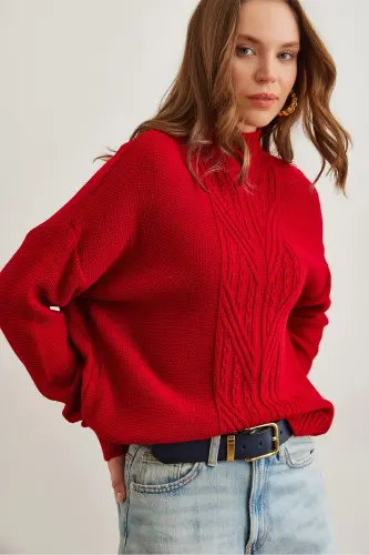 Women Red Turtleneck Mid Braid Knit Sweater KZK-19000912-Red 