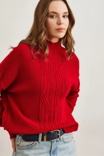 Women Red Turtleneck Mid Braid Knit Sweater KZK-19000912-Red - 3