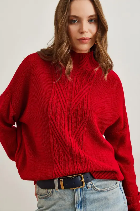 Women Red Turtleneck Mid Braid Knit Sweater KZK-19000912-Red - 4