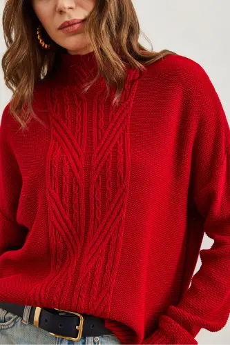 Women Red Turtleneck Mid Braid Knit Sweater KZK-19000912-Red - 5